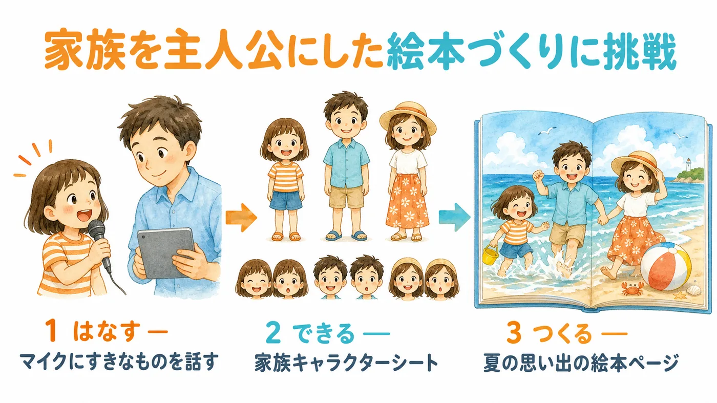 体験の流れ: はなす→家族キャラクターシートができる→絵本ページをつくる
